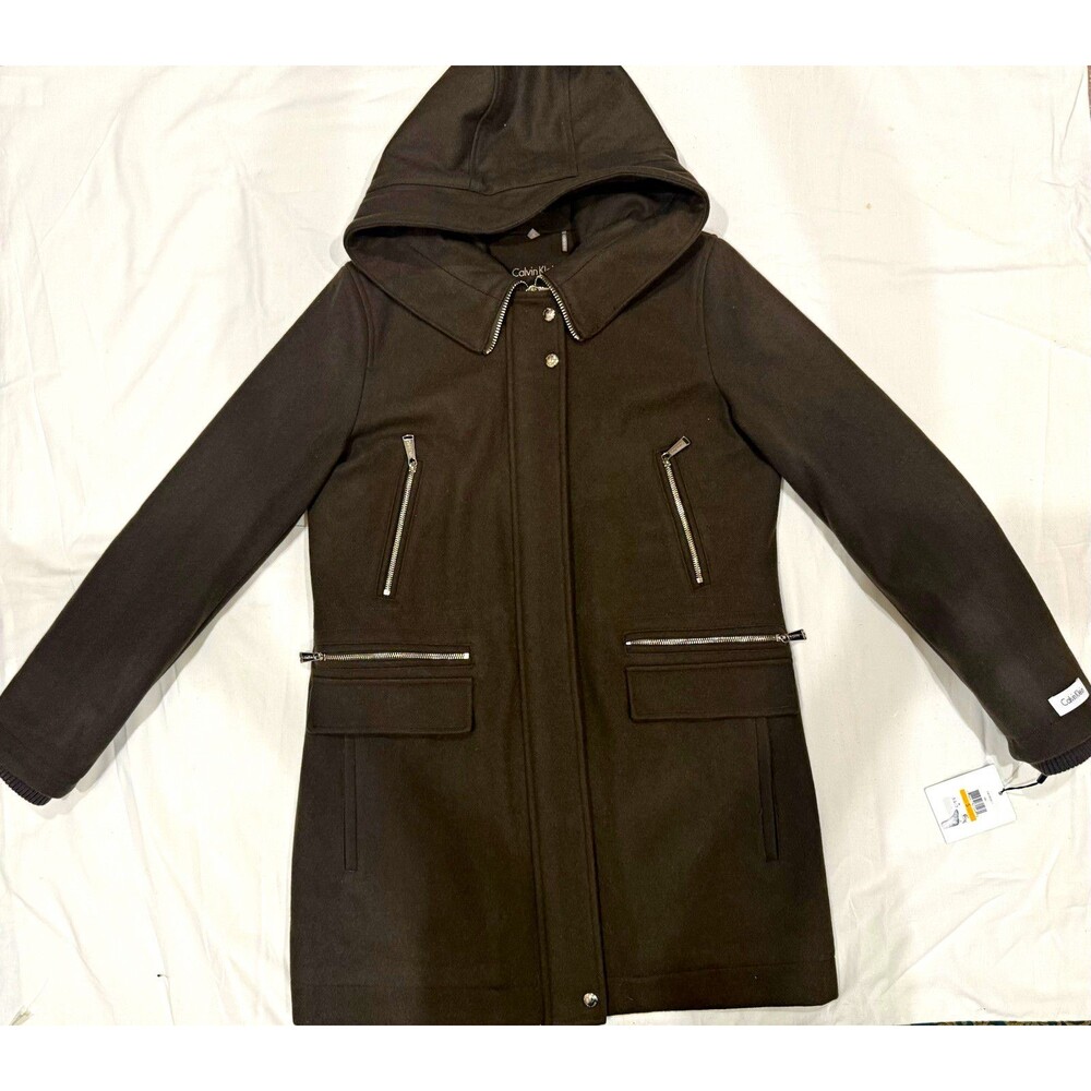 NWT Calvin Klein Women's Black Hooded Mid-Length Parka Coat S Dark Green